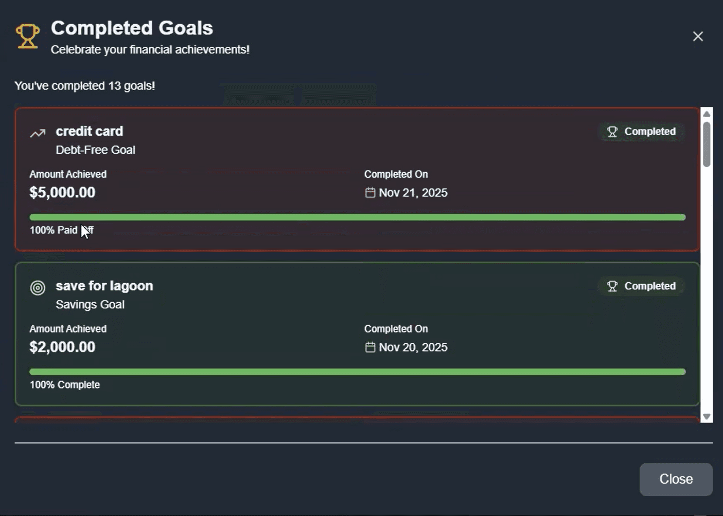 Goal creation modal detailing target amount and date