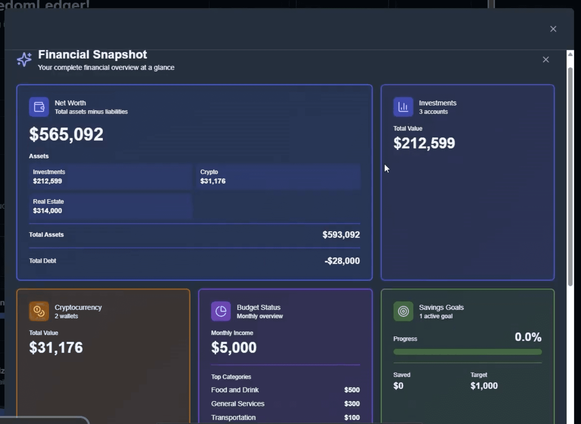 Financial snapshot summary highlighting accounts and balances